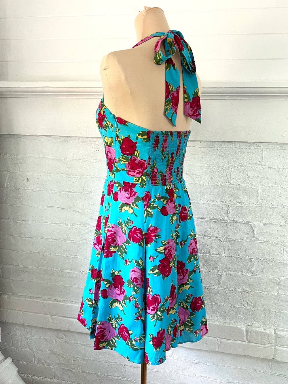 Betsey Johnson Turquoise Blue Floral Cotton Retro Halter Dress Fit And Flare 6 - Picture 7 of 14